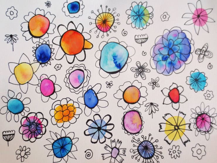 Watercolor Flower Doodles with Black Pen 