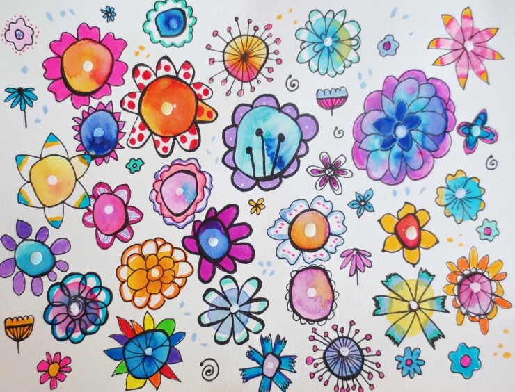 Watercolor Flowers with Pen and Marker 