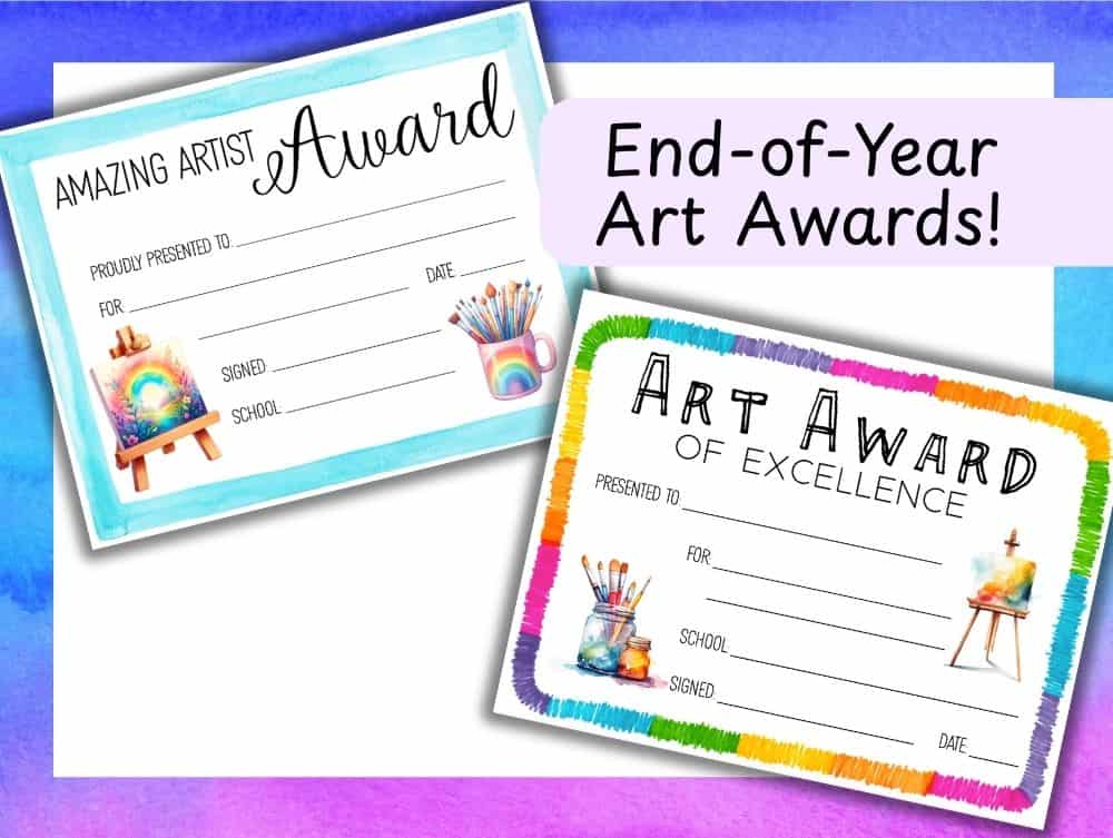 Two colorful end-of-year Art Award Certificates with art-themed illustrations, labeled "Amazing Artist Award" and "Art Award of Excellence." Printable art awards are perfect for celebrating your students' creativity!.