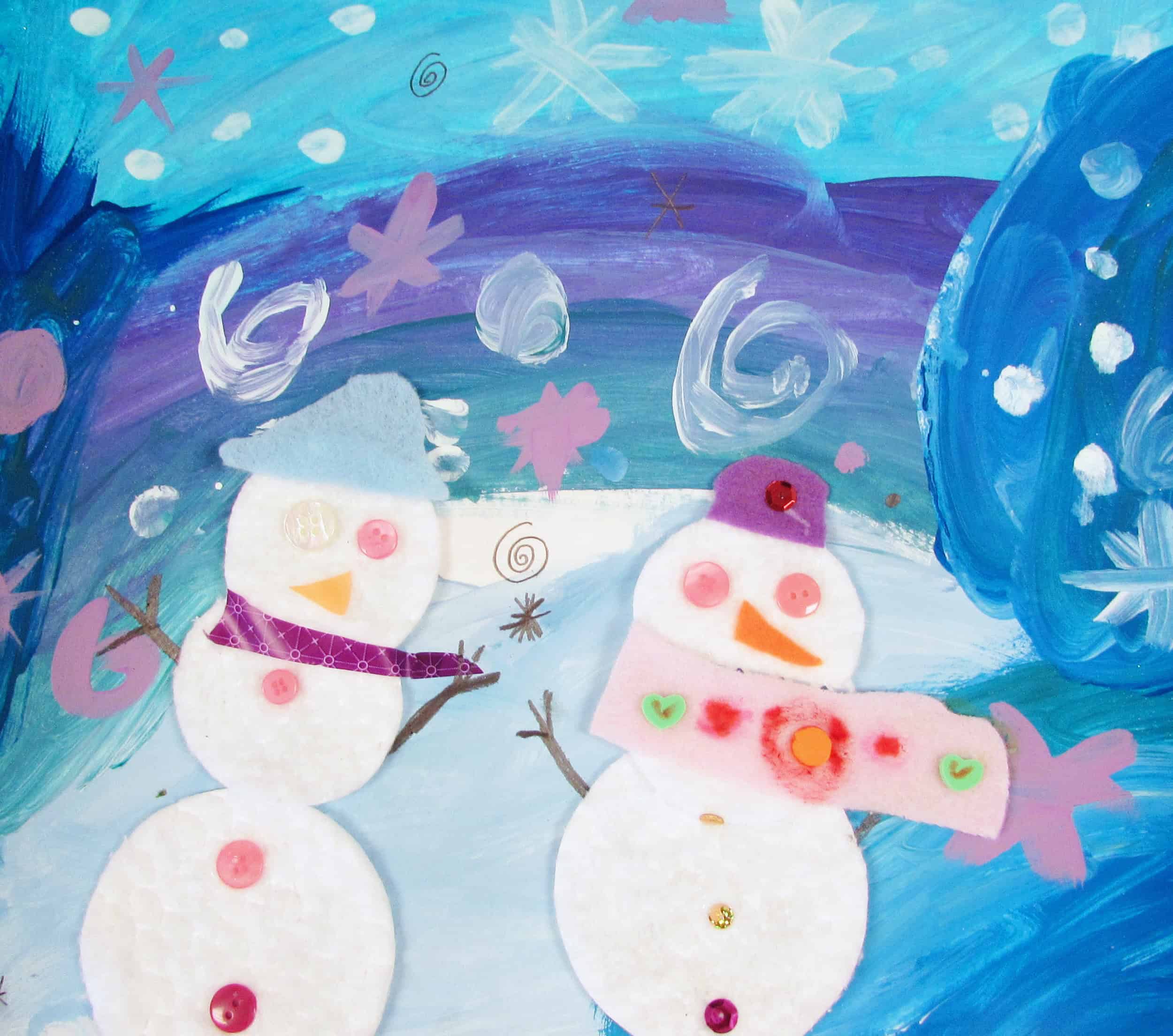 Mixed Media Snowmen Art Project for Kids (1st Grade)