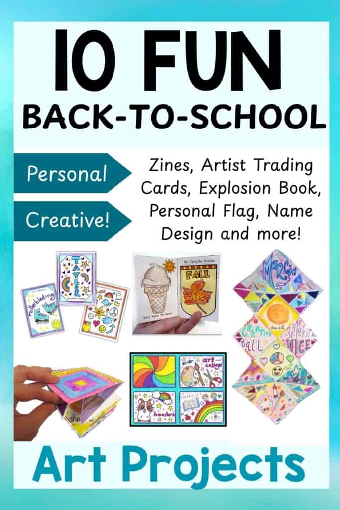 Poster listing “10 Fun Back-to-School Art Projects” with vibrant student artwork, sample project names, and labeled sections for personal and creative activities—perfect inspiration for exciting back to school art projects.