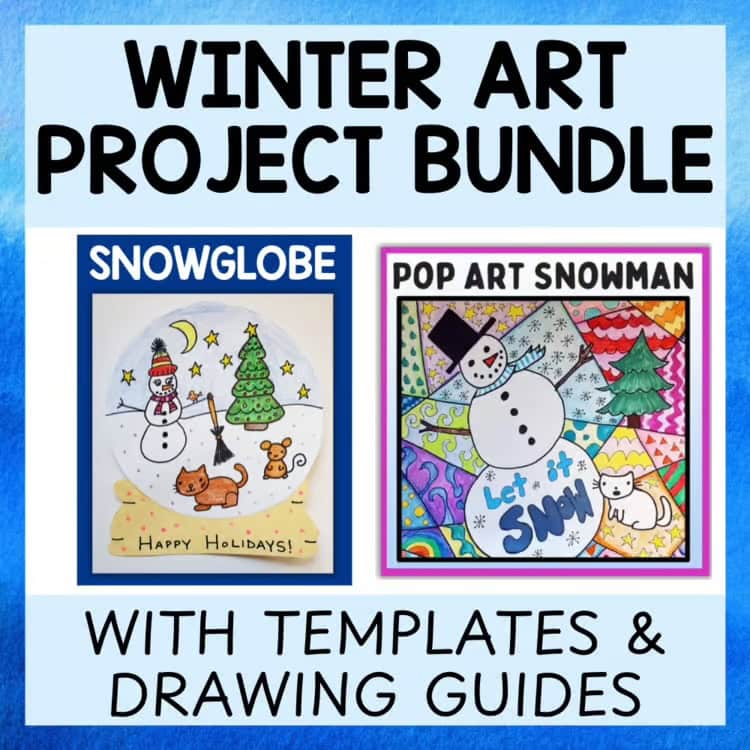 Winter art project bundle advertisement featuring snowglobe and pop art snowman drawings, with templates and drawing guides included.