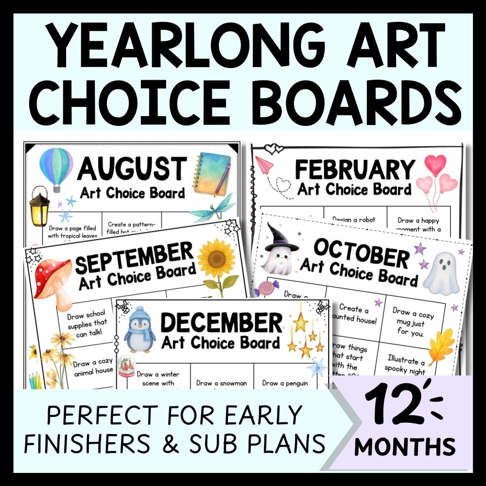 A promotional image for yearlong art choice boards, featuring sample boards for August, September, October, February, and December; includes text highlighting 12+ months of activities.