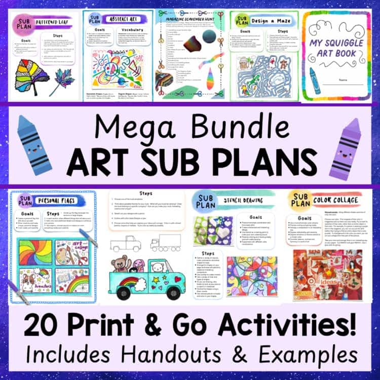 A collage of colorful art lesson plans and examples labeled "Mega Bundle Art Sub Plans," promoting 20 print-and-go activities with handouts and illustrated project samples.