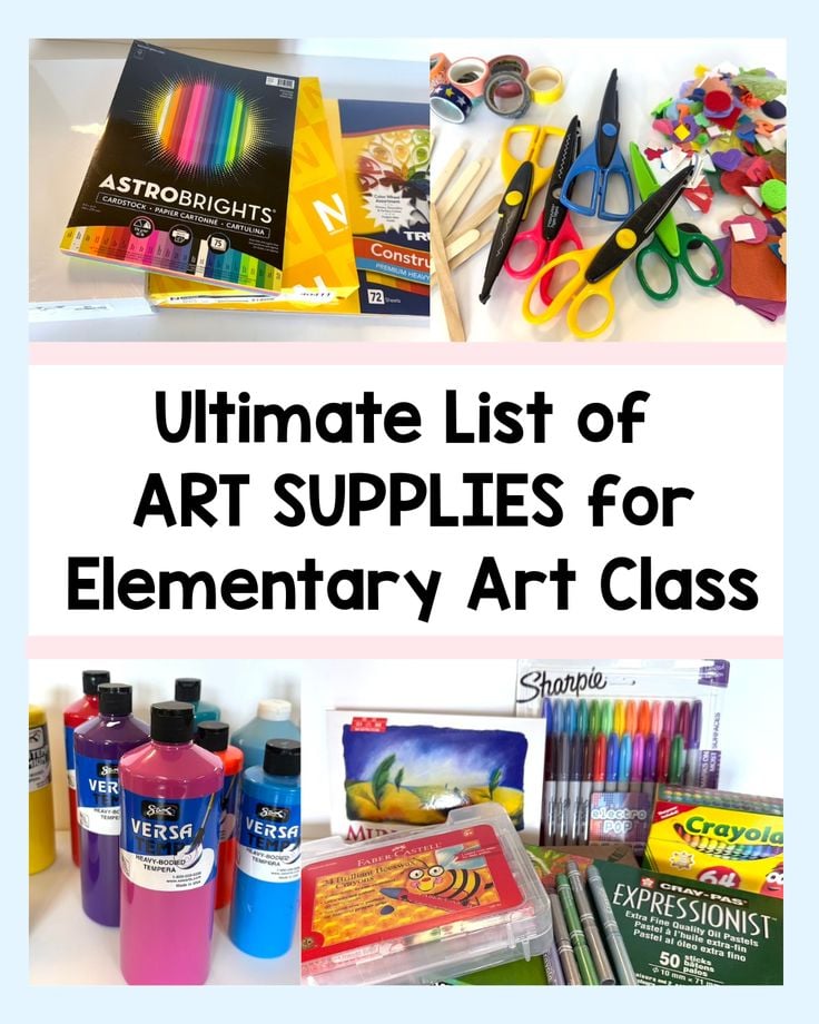 Collage showing various art supplies, including scissors, colored paper, markers, paint, construction paper, glue, and other materials, with the title “Ultimate List of ART SUPPLIES for Elementary Art Class.”.