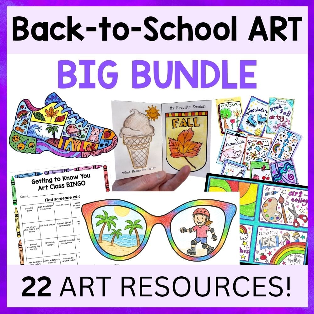 Collage of colorful, hand-drawn school art projects, bingo sheet, and text: “Back-to-School ART BIG BUNDLE, 22 ART RESOURCES!” on a white background with purple border.