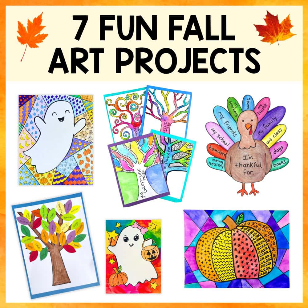 A collage of seven colorful fall art projects for children, featuring a ghost, turkey, trees, leaves, pumpkins, and autumn-themed drawings on a pale yellow background.