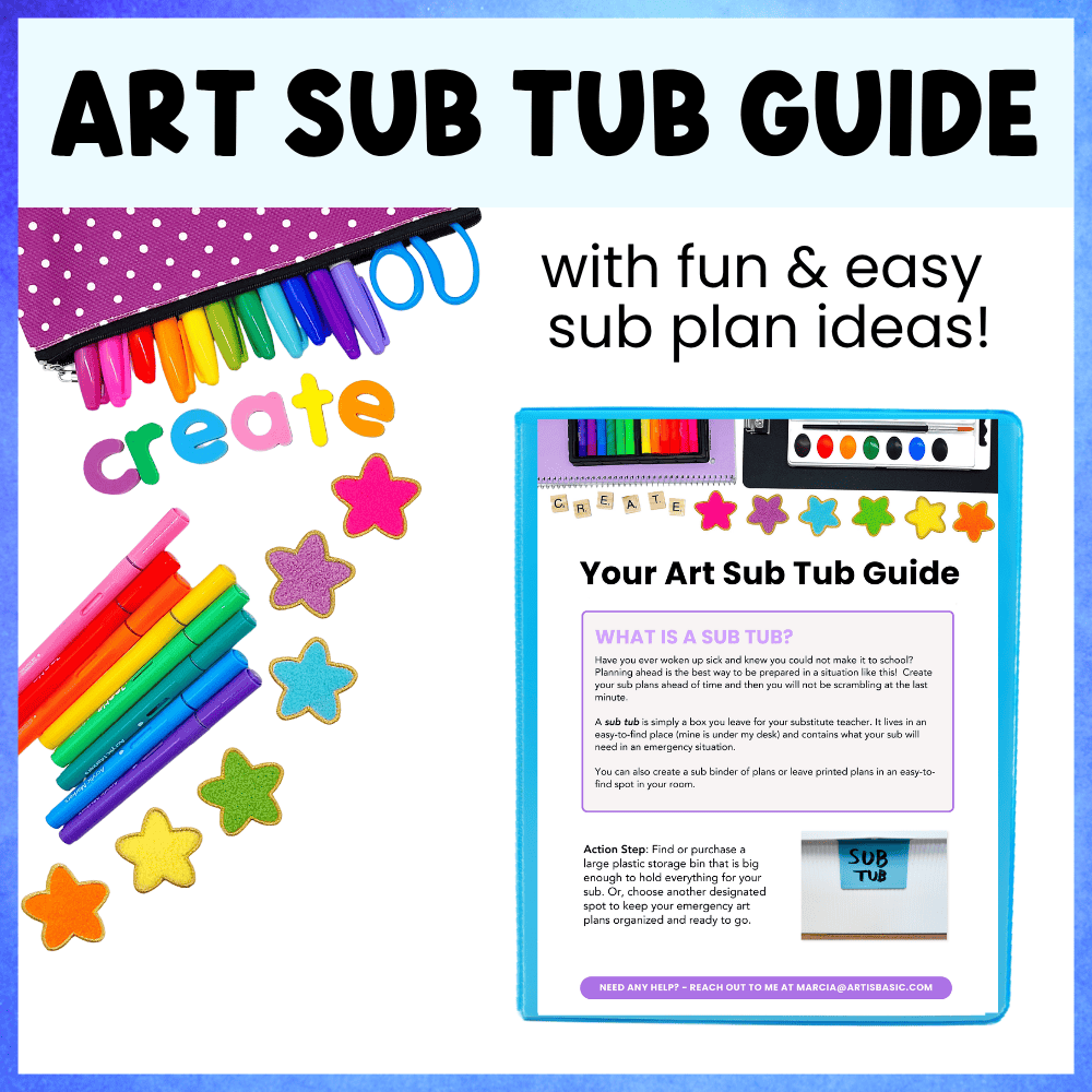 An Art Sub Tub Guide instructional flyer showing a purple polka-dot supply pouch, markers, and star-shaped cutouts next to free art sub plans for an emergency teacher kit.